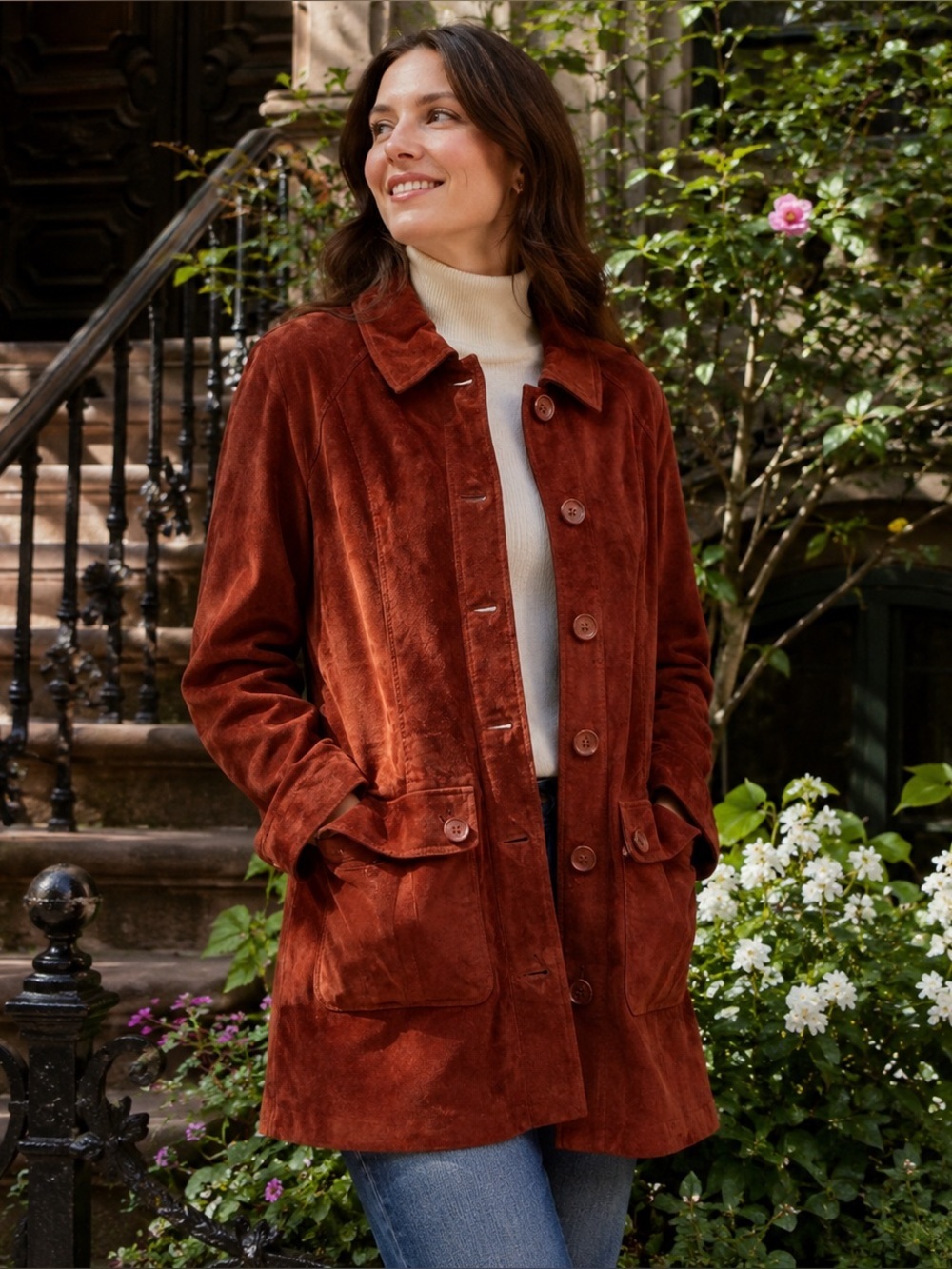 VTG Dennis Basso Sz L Rust Suede Leather Button Womens Jacket Coat Western Y2K
